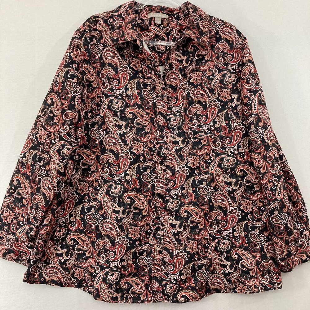 Woman Within Top size 18/20 Red Black Paisley Long Sleeve Button Up Office Work